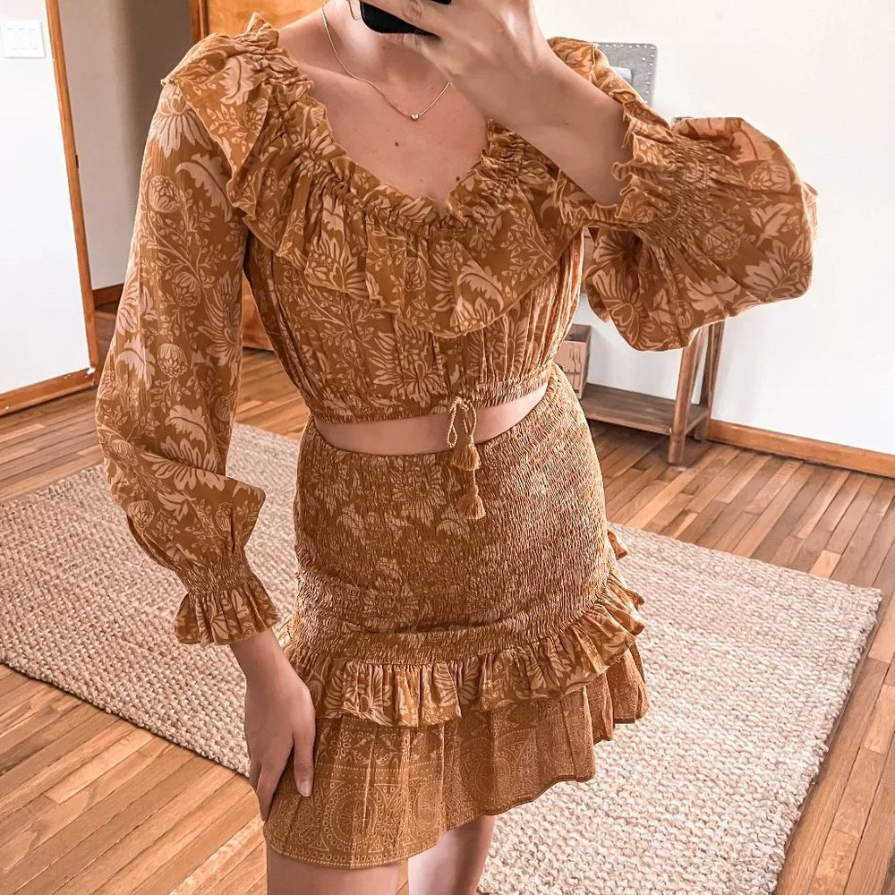 Spell & the Gypsy Lioness Gold Floral Bohemian Cropped Long Sleeve & Skirt Set M